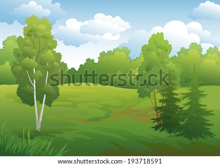 Landscape, green summer forest with fir and birch trees and cloudy sky. Vector