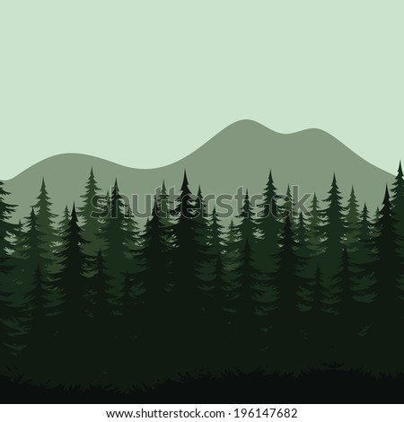 Seamless background, mountain landscape, night forest with fir trees silhouettes.
