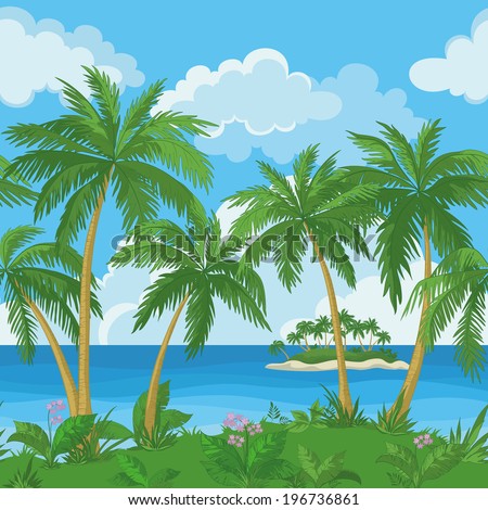 Exotic seamless background, tropical landscape, sea island with green palm trees and flowers and cloudy sky. Vecto - stock vector