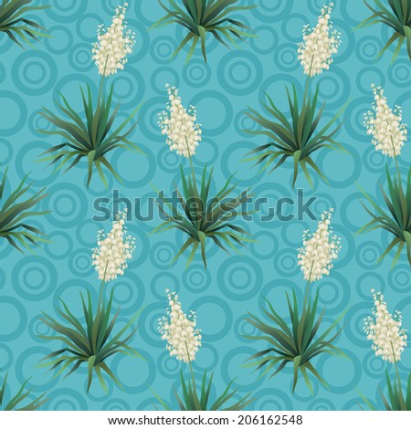 Seamless floral background, Yucca flowers and abstract blue pattern with rings.
