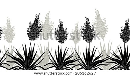 Horizontal seamless of flowers and plants Yucca, black silhouette isolated on white background.