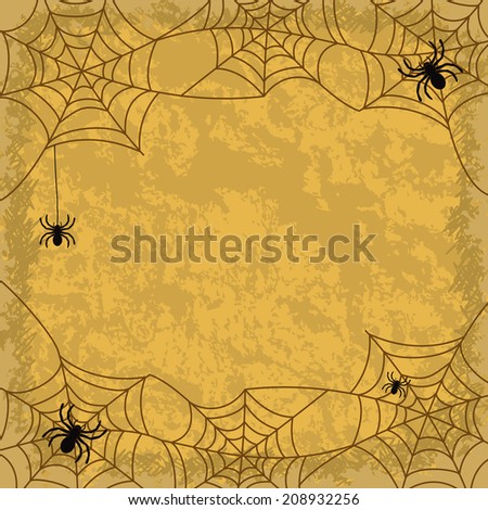 Holiday Halloween background, spiders, cobwebs and wall texture. Vector