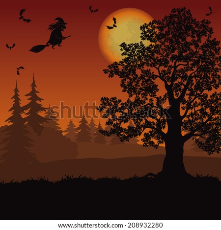 Holiday Halloween landscape with witch, trees, moon and bats. Vector