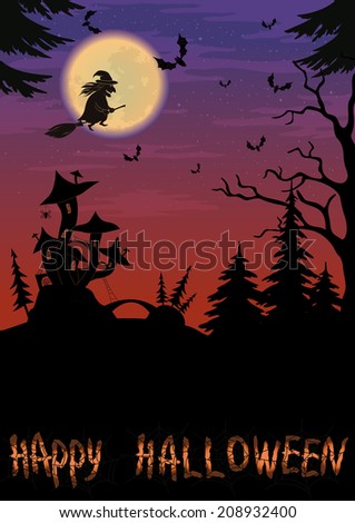 Holiday Halloween night landscape with witch and magic Castle - mushroom. Elements of this image furnished by NASA (www.visibleearth.nasa.gov). Vector