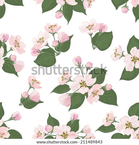 Seamless floral pattern, pink apple tree flowers and green leaves isolated on white background.