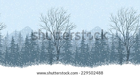 Seamless horizontal winter mountain landscape with trees and snow, silhouettes.