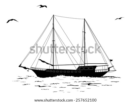 Sailing ship floating in the sea, the birds fly in the sky, black silhouettes and contours isolated on white background.