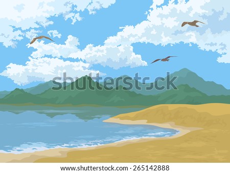 Sea Landscape with Mountains, Sandy Beach and Cloudy Sky with Flying Birds Seagulls. Eps10, Contains Transparencies. Vector