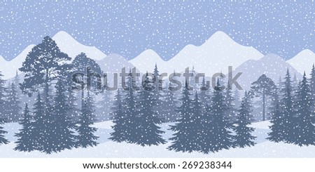 Seamless Horizontal Winter Mountain Landscape with Spruce Trees and Snow, Silhouettes