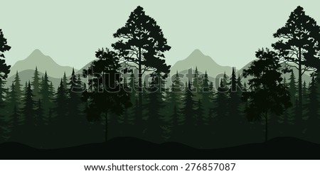 Seamless Horizontal Night Forest Landscape, Trees and Mountains Silhouettes.