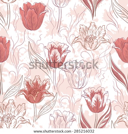 Seamless Floral Background, Flowers Tulips and Abstract Pattern, Blots. Vector