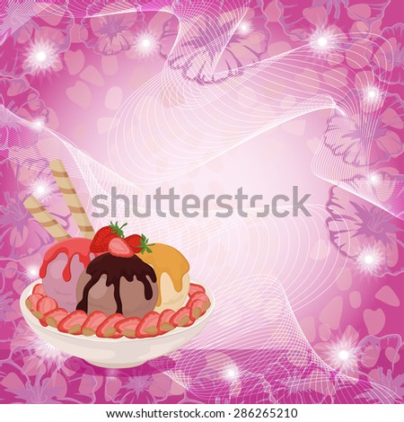Food, Cup with Ice Cream, Strawberries, Almonds Nuts and Waffles on Background with Lines, Stars and Abstract Floral Pattern