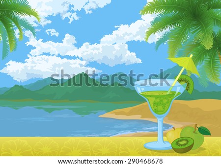 Food and Drink, Glass with Cocktail, Drinking Straw, Kiwi Fruit and Apples on the Background of Sea Bay, Mountains, Blue Sky with Clouds and Palm Trees Leaves