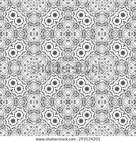 Seamless Floral Pattern, Black Symbolical Contours Isolated on White Background.
