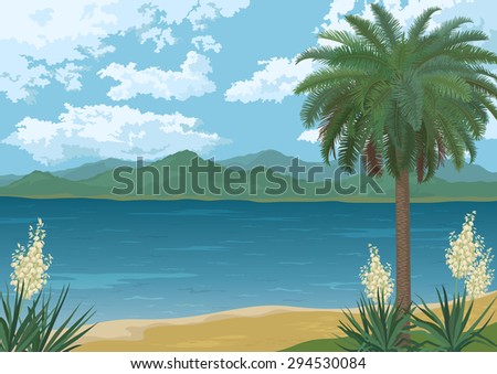 Tropical Landscape, Palm Tree on Ocean Beach, Yucca Flowers, Mountains and Clouds