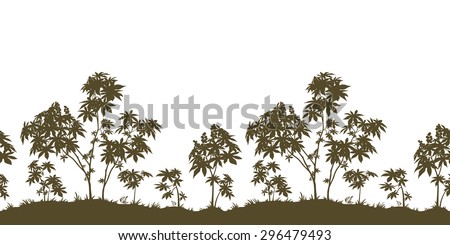 Exotic Horizontal Seamless Landscape, Castor Plants with Leaves and Grass Black Silhouette Isolated on White Background.
