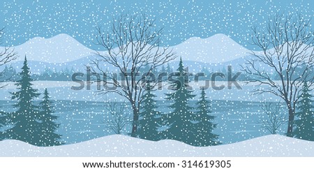 Seamless Horizontal Winter Christmas Mountain Woodland Landscape with River, Trees Silhouettes and Snowflakes. Vector