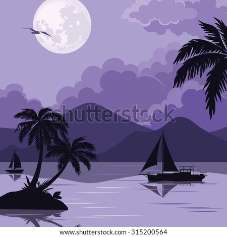 Exotic Tropical Night Landscape with Moonlit Sky, Sea Islands with Palm Trees and Sailboat Silhouettes.