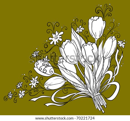 Flowers tulips, holiday bouquet, vector, monochrome contour