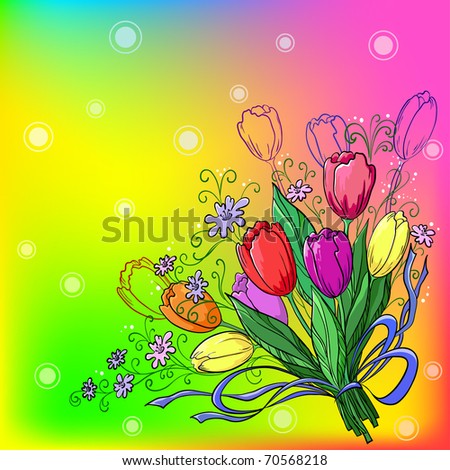 Flowers tulips, holiday bouquet on a beautiful colour background
