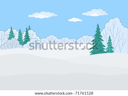 Landscape: winter forest, coniferous and deciduous trees under blue sky