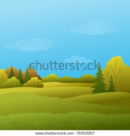 autumn landscape: forest with various trees and the blue sky with white clouds
