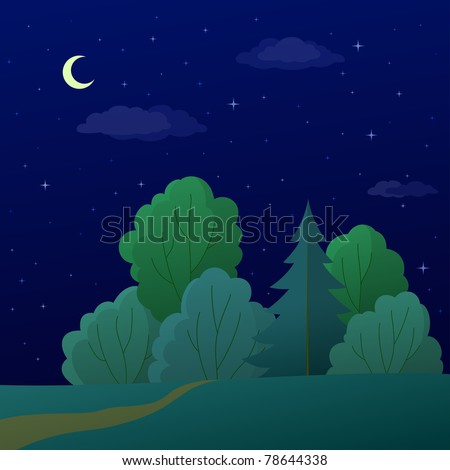 Vector, landscape: night summer forest with green trees and the sky with moon and stars