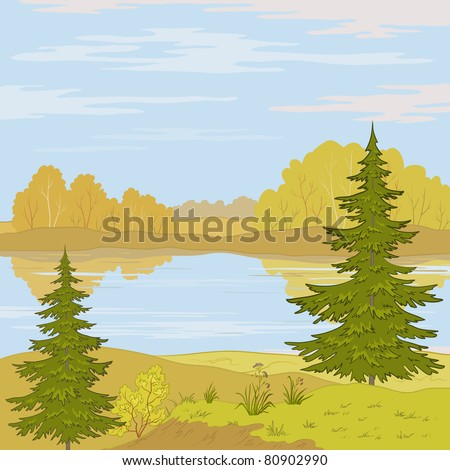 Vector, autumn landscape: forest, river and the blue sky with white clouds