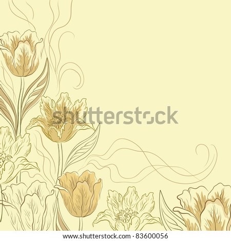 Vector flower light brown background, contours and silhouettes flowers tulips