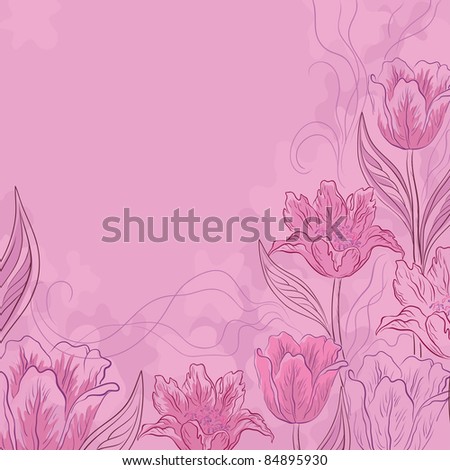 Vector flower pink background, contours and silhouettes flowers tulips