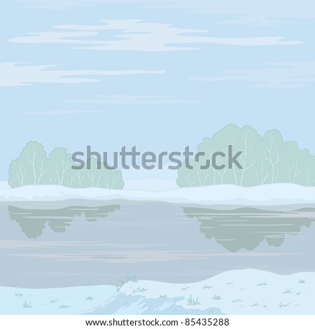 Vector, winter landscape: snow-covered forest, frozen river and the blue sky with white clouds