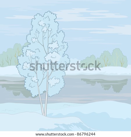 Winter landscape: tree on the shore of a frozen pond and the blue sky with white clouds. Vector