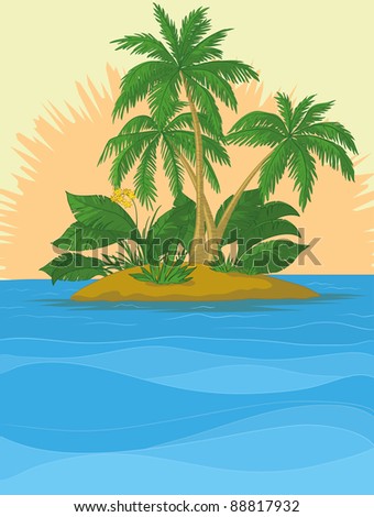 Cartoon Tropical Birds on Stock Photo   Tropical Sea Island With Palm Trees And Sun