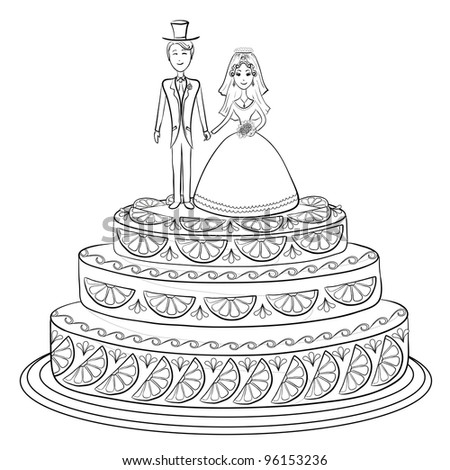 Holiday wedding pie with bride and groom figurines, black contour on white background