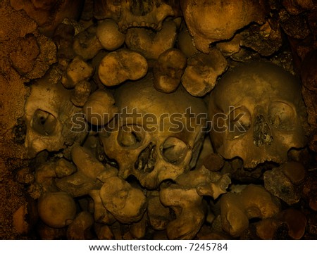 Human bones and skulls covering inner walls of the Chapel of Bones in Evora, Portugal.