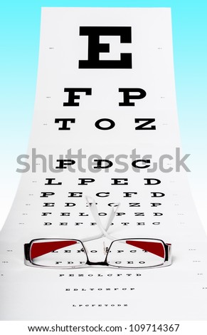 Photo of eye test chart and spectacles on a blue background