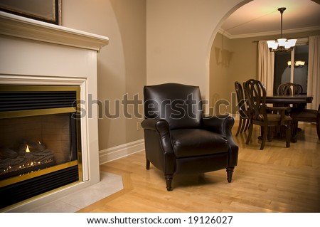 Interior Design Fireplace Leather Chair And Dining Room Stock ...