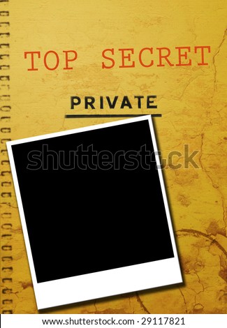 Top secret private investigator document with blank instant photo. Copy space for image or text.