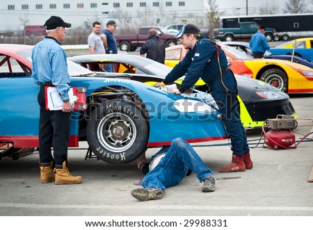 HALIFAX, NS - May 9: Race car drivers and pit crew from the Maritime Pro Stock Tour at a Tech 'n Tune event at Scotia SpeedWorld on May 9th.