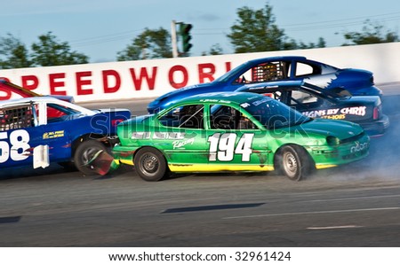 HALIFAX, NOVA SCOTIA - JUNE 26: The #194 car of Jorden Smith crashes during racing action at Scotia Speedworld in Halifax, June 26, 2009.