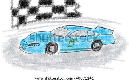 Child's drawing of a blue race car. Stock car race winner with checkered flag.