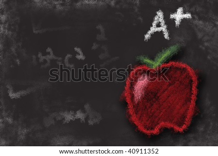 Blank chalkboard showing signs of a smart student. A+ apple or teacher\'s pet concept illustration.
