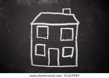 Child\'s chalk drawing of a house. Simple blackboard sketch.