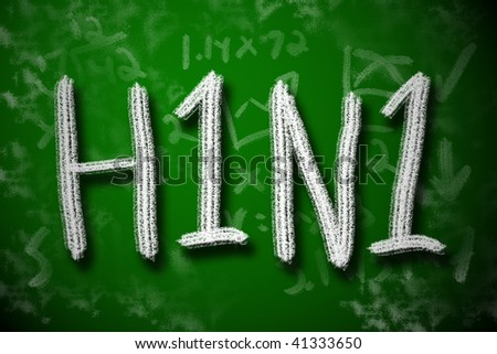 H1N1 sign over chalkboard showing calculations. Complex health pandemic education concept.