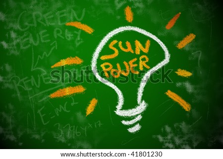 Solar power electricity. Renewable energy light bulb concept chalk drawing.