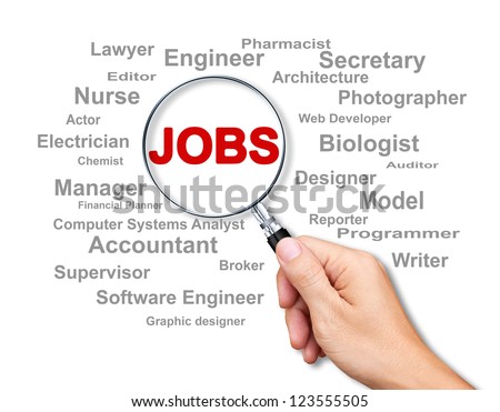 Jobs Search with a magnifying glass on white background