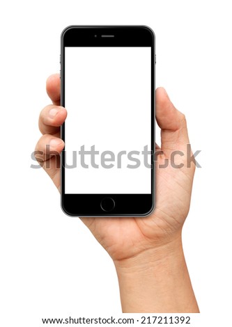 Hand holding Smartphone with blank screen on white background