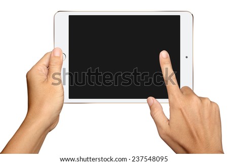 Hand holding and Touch on Small White and Gold Tablet Computer on white background