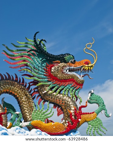various color dragons on blue sky , a city is Nakolsawun , Thailand ,