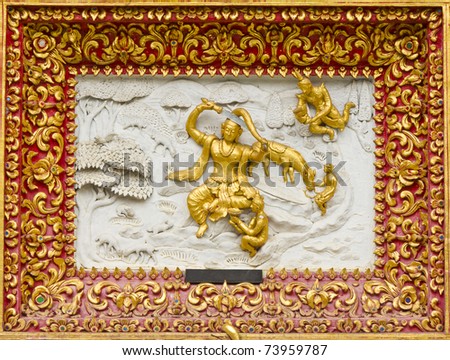 wall temple Thai ancient sculpture that is molded Buddha figure while become a priest a monk ,
